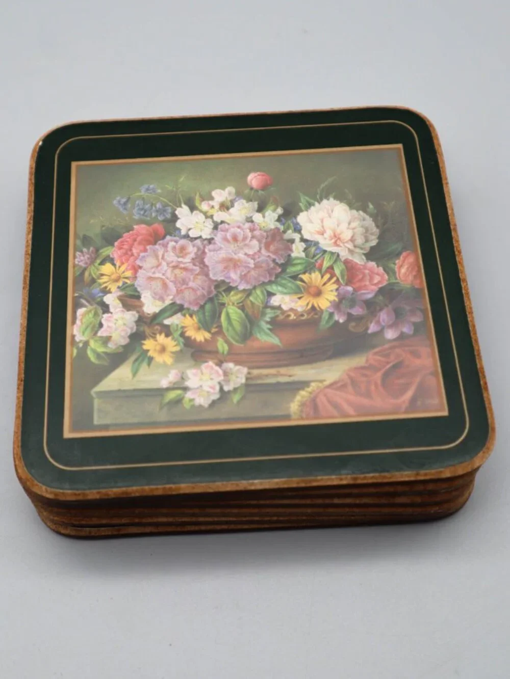 6 Vintage Pimpernel Cork Backed Celluloid Coasters Romantic Rose Botanical